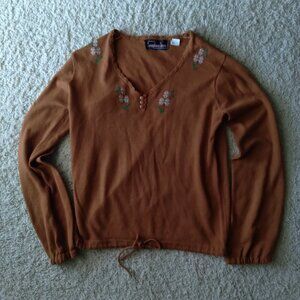 Vintage Persephone Jones Orange Cinched Knit Sweater with Embroidered Flowers